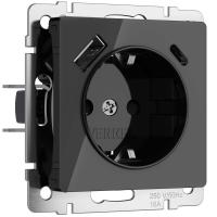 Розетка Werkel с заземлением, шторками и USB тип A+C (черный акрил) W1171748 4690389197741