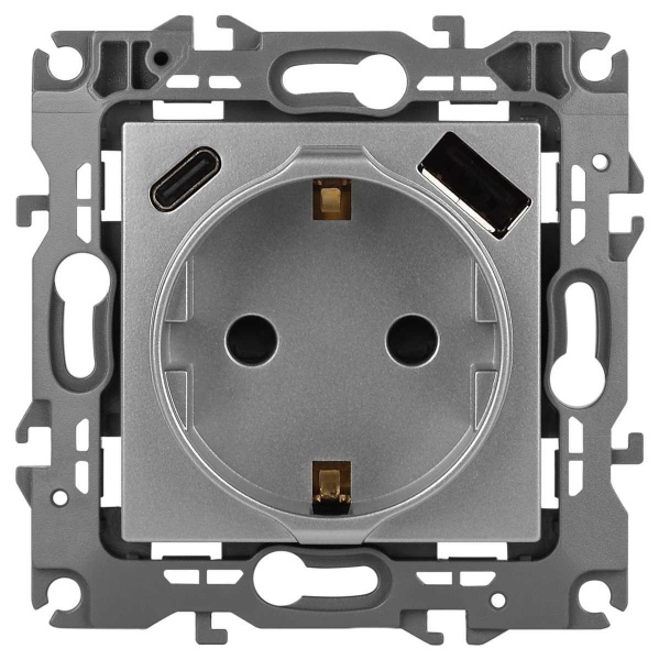 Розетка ЭРА Серия 12 12-4108-03 2P+E 16A-250В со шторками с USB type-A+C 5В-3А алюминий Б0067716