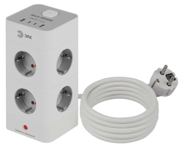 Сетевой фильтр ЭРА TWR-8es-1,5m-4USB-W башня с защитой заземлением с выключателем 8 розеток+4xUSBA+C 1,5м 16А белый Б0069071