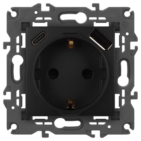 Розетка ЭРА Elegance 14-4108-05 2P+E 16A-250В со шторками с USB type-A+C 5В-3А антрацит Б0067724