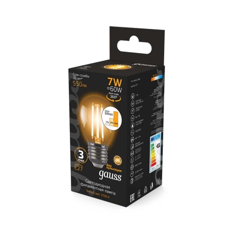 Лампа светодиодная филаментная Gauss E27 7W 2700К прозрачная 105802107