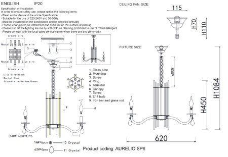 Подвесная люстра Crystal Lux AURELIO SP6 GOLD+CHROME/TRANSPARENT
