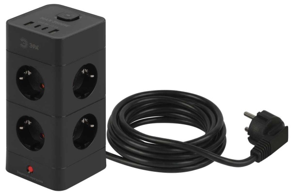 Сетевой фильтр ЭРА TWR-8es-1,5m-4USB-B башня с защитой заземлением с выключателем 8 розеток+4xUSBA+C 1,5м 16А черный Б0069072