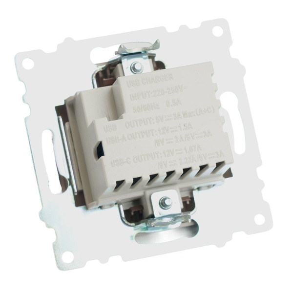 Розетка 2-местная USB + type C, STEKKER GLS10-7116-04, 250В, 3А, max 20W,серия Катрин, шоколад 50057