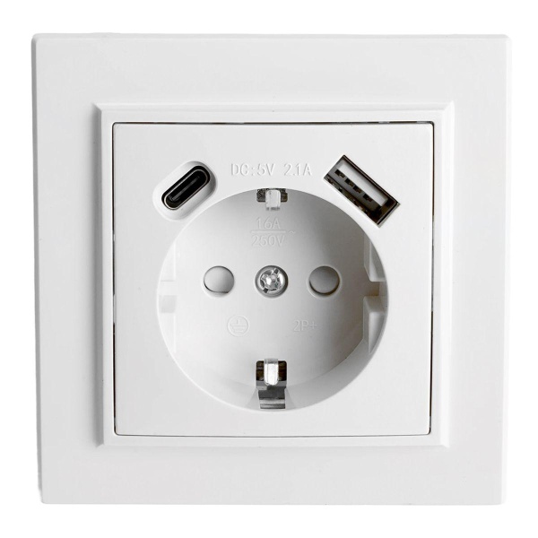 Розетка 1-местная Stekker, PST16-9016-01, 250В, 2.1А с USB+ type C Эрна, белый 50076