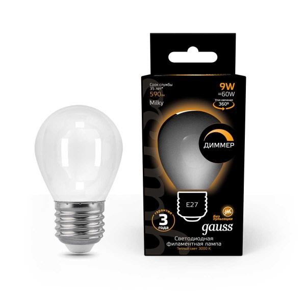 Лампа светодиодная филаментная Gauss E27 9W 3000К матовая 105202109