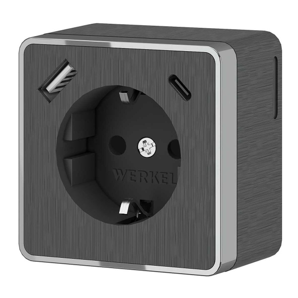 Розетка с заземлением, шторками и USB тип A+C Werkel Gallant графит рифленый W5071704 4690389179617