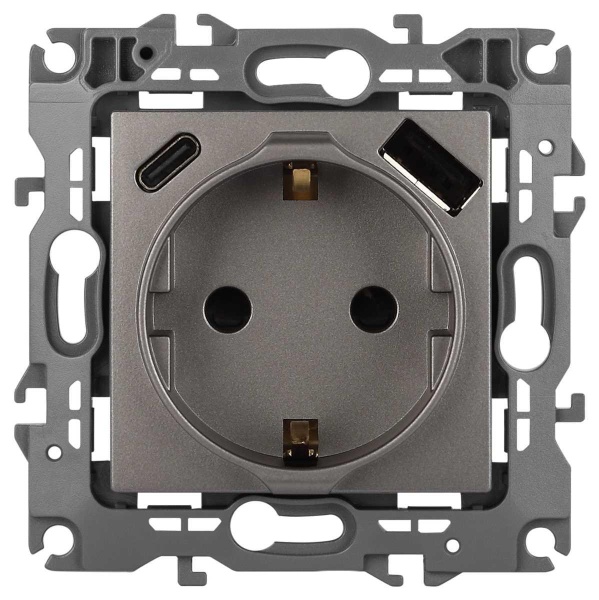 Розетка ЭРА Серия 12 12-4108-16 2P+E 16A-250В со шторками с USB type-A+C 5В-3А титан Б0067762