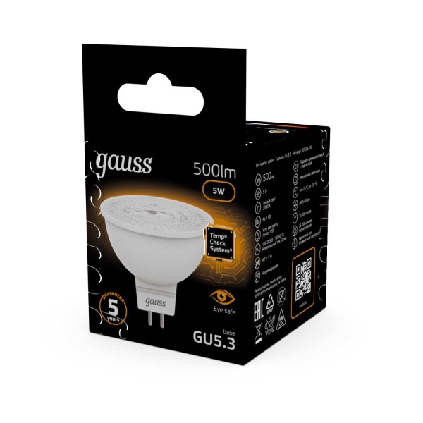 Лампа светодиодная Gauss GU5.3 5W 3000K матовая 101505105