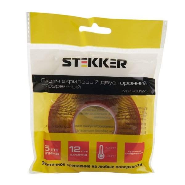 Скотч акриловый двусторонний Stekker INTP5-0812-5 0,8*12 мм,длина 5м, прозрачный, красная подложка 39145