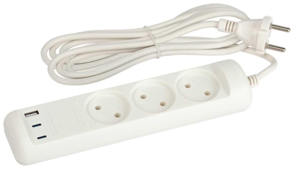 Удлинитель электрический ЭРА U-3-3m-USB-W 3 розетки + 3xUSB A+C 3м 10А белый Б0069076