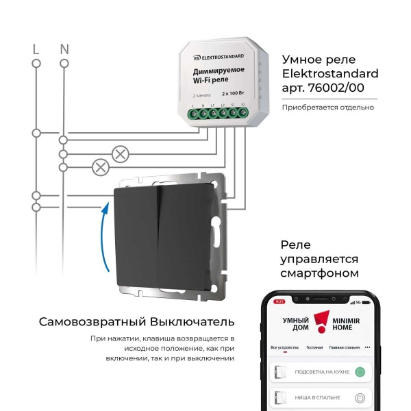 Выключатель двухклавишный с самовозвратом Werkel черный матовый W1122408 4690389192340