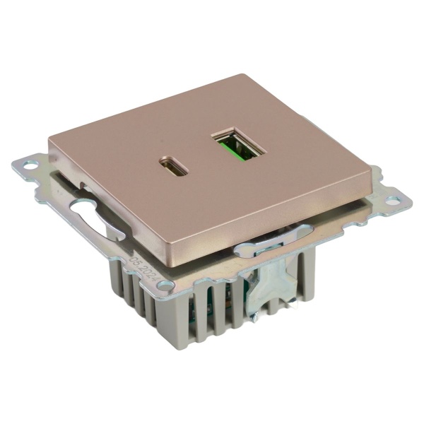 Розетка 2-местная USB + type C (механизм), STEKKER GLS10-7116-02, 250B, 3A, max 20W, серия Катрин, шампань 50056