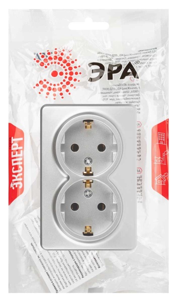 Розетка ЭРА Эксперт 11-2205-03 двойная с заземлением 2х2P+E Schuko IP20 16A-250В ОУ алюминий Б0063046