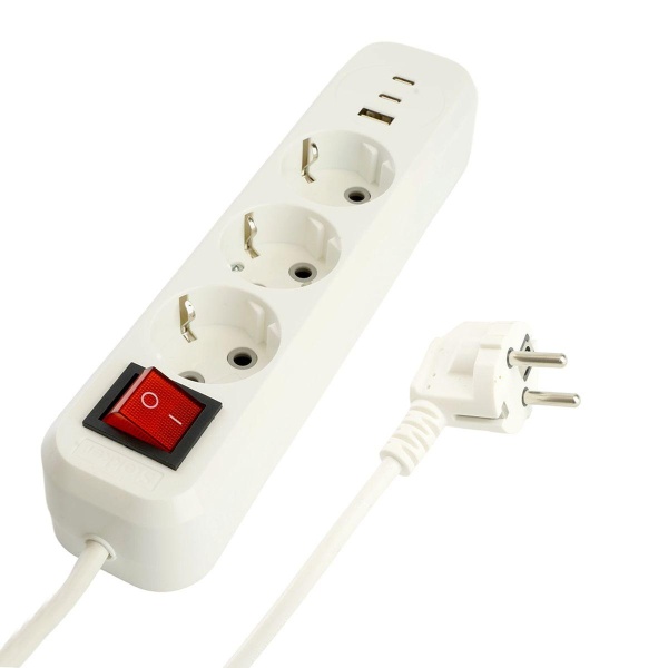 Удлинитель 3-местный с/з с выключ. Stekker HM071-31-03 3x1мм2, 3м, 250В, 16А, 1USB+2C, 2.4A Home, белый 50137