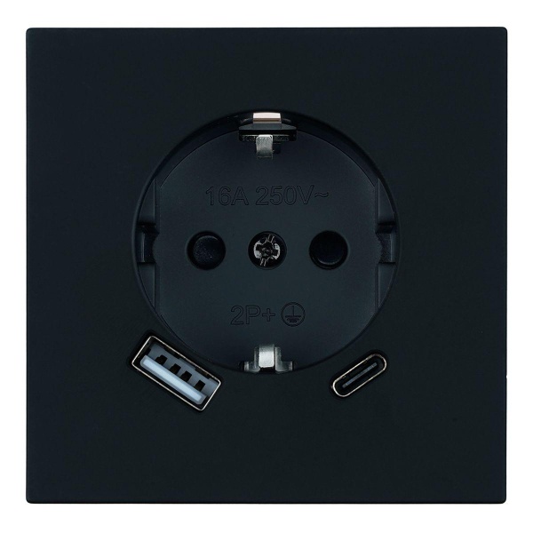 Розетка 1-местная з/ш с/з 16А + USB + Type C (механизм), Stekker, 250В, 20W Мия, RST16-3119-05, черный бархат 50452