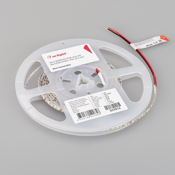 Светодиодная лента Arlight 10W/m 182LED/m 2216SMD теплый белый 5M MICROLED-M182-4mm 24V Warm2700 037815