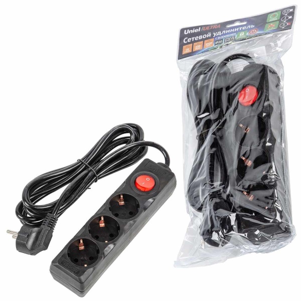 Удлинитель Uniel Ultra 3гн х 3м с/з S-GCU3-3B Black UL-00010017
