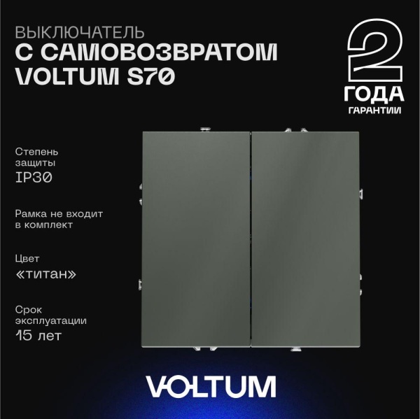Выключатель с самовозвратом встраиваемый Voltum S70 двухклавишный 10А, (титан) VLS020606