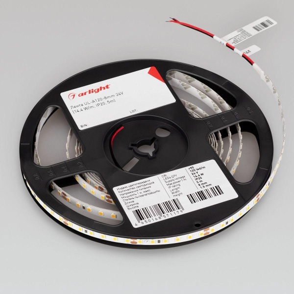 Светодиодная лента Arlight 4W/m 120Led/m 2835SMD теплый белый 5M UL-A120-8mm 24V Warm2700 042305