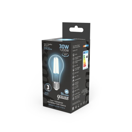 Лампа светодиодная филаментная Gauss E27 30W 4100K прозрачная 102902230