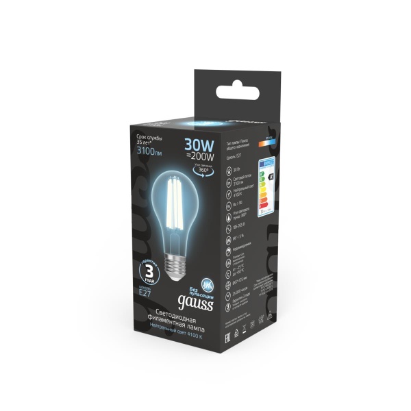 Лампа светодиодная филаментная Gauss E27 30W 4100K прозрачная 102902230