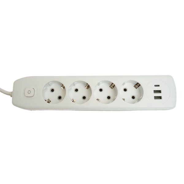 Удлинитель 4-местный c/з 3x1 мм2, 1,8 м, 250В, 10А, 2USB+1Type-C 2,4А Home plus, белый Stekker HM08-43-02 49971