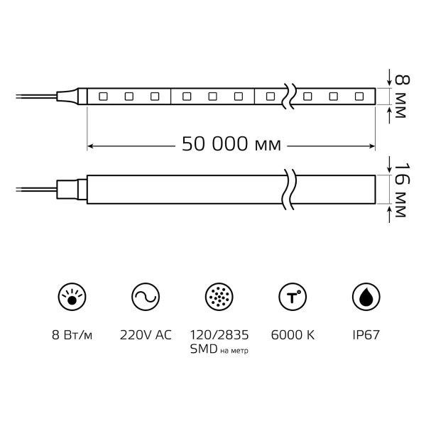 Гибкий неон Gauss 8W/m 120LED/m 2835SMD холодный белый 50M 311000308