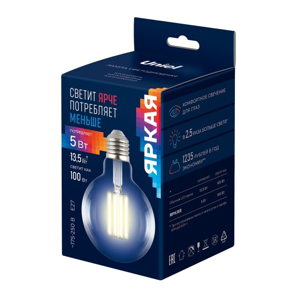 Лампа светодиодная Uniel E27 5W 3000K прозрачная LED-G95-5W/3000K/E27/CL GLY01TR UL-00011942