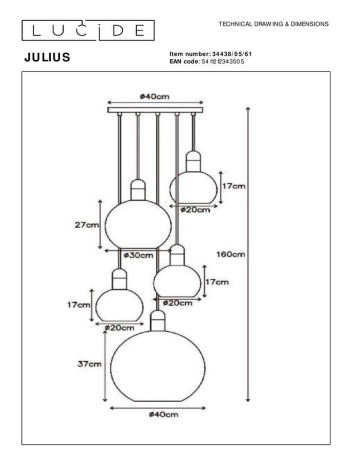 Подвесная люстра Lucide Julius 34438/05/61