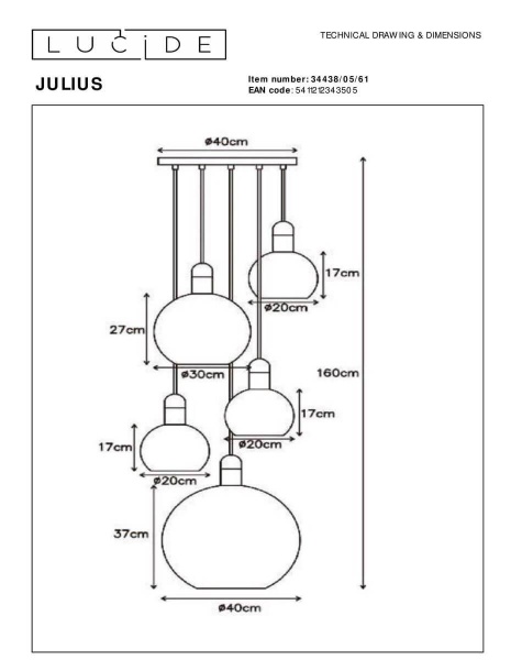 Подвесная люстра Lucide Julius 34438/05/61