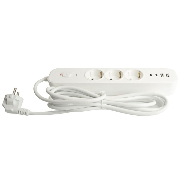 Сетевой фильтр 3-местный с/з Stekker 3x1мм2, 5 м, 250В, 16А, 2 USB-A+2 Type-C 3, серия Nova, белый 50101
