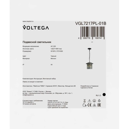 Уличный подвесной светильник Voltega Гастер / Gaster VGL7217PL-01B