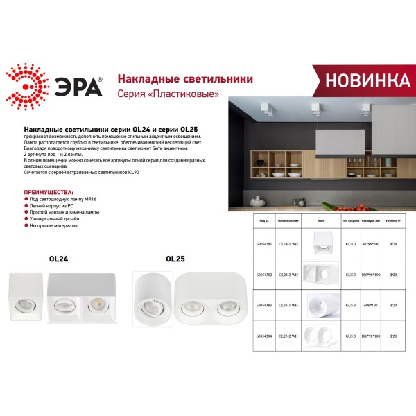 Накладной светильник ЭРА OL25-1 WH Б0054383