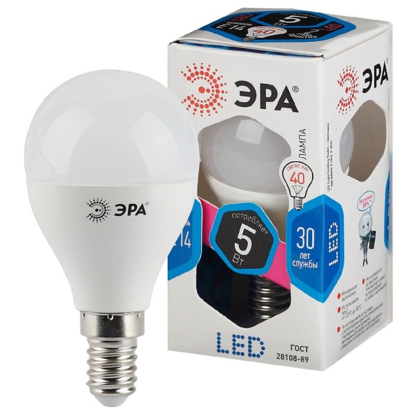 Лампа светодиодная ЭРА E14 5W 4000K матовая LED P45-5W-840-E14 Б0028487