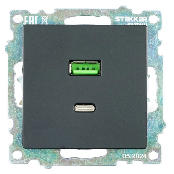 Розетка 2-местная USB + type C (механизм), STEKKER GLS10-7116-05, 250B, 3А, серия Катрин, черный 50055