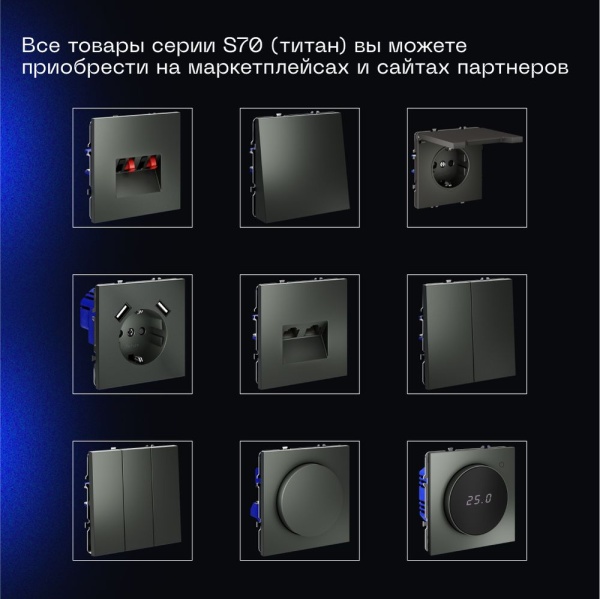 Выключатель встраиваемый Voltum S70 двухклавишный с подсветкой 10А, (титан) VLS020206