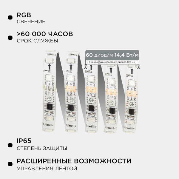Комплект адресной светодиодной ленты Apeyron 14,4W/m 60LED/m 5050SMD RGB 10M 10-100