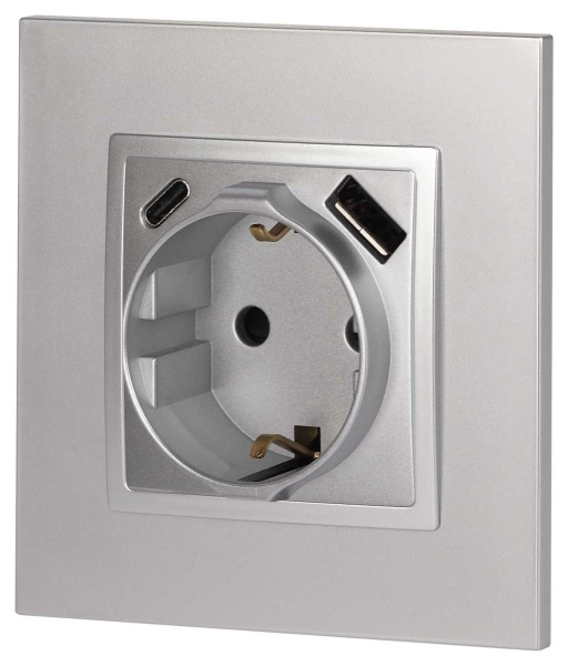 Розетка ЭРА Elegance 14-4108-03 2P+E 16A-250В со шторками с USB type-A+C 5В-3А алюминий Б0067741