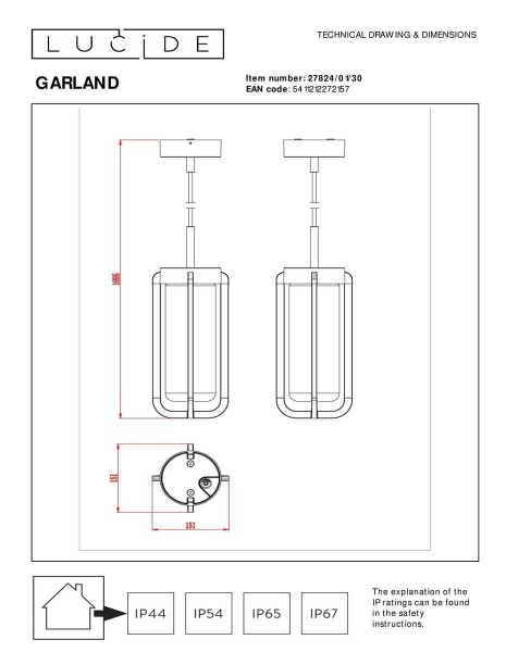 Уличный подвесной светильник Lucide Garland 27824/01/30