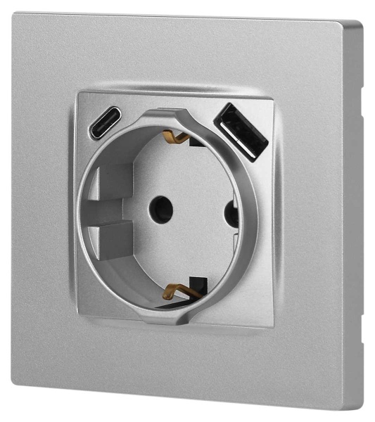 Розетка ЭРА Серия 12 12-4108-03 2P+E 16A-250В со шторками с USB type-A+C 5В-3А алюминий Б0067716