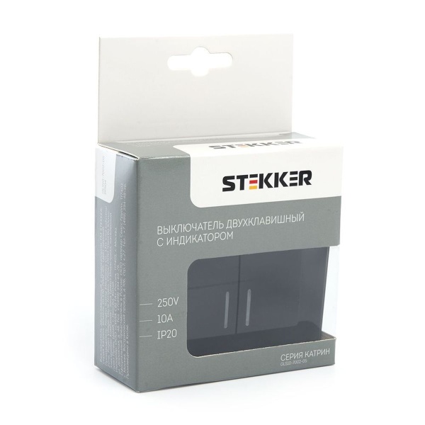 Выключатель 2-клавишный c индикатором Stekker GLS10-7002-05, 250В, 10А Катрин, черный 39504