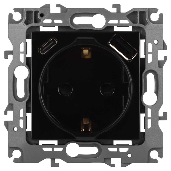 Розетка ЭРА Серия 12 12-4108-06 2P+E 16A-250В со шторками с USB type-A+C 5В-3А чёрный Б0067746