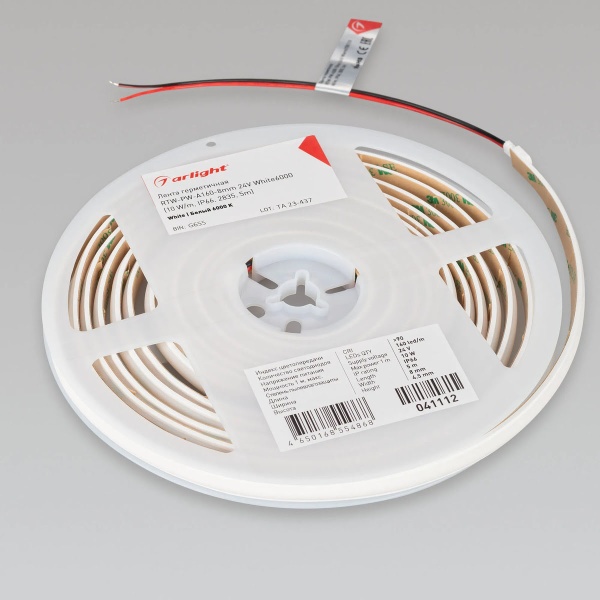 Светодиодная лента герметичная Arlight 10W/m 160LED/m 2835SMD холодный белый 5M RTW-PW-A160-8mm 24V 041112