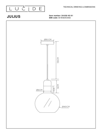 Подвесной светильник Lucide Julius 34438/40/61
