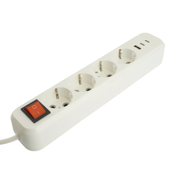 Удлинитель 4-местный с/з с выключ. Stekker HM071-41-05 3x1мм2, 5м, 250В, 16А, 1USB+2C, 2.4A Home, белый 50141