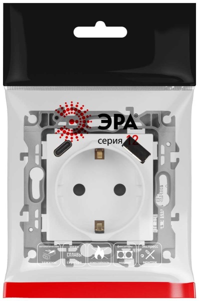 Розетка ЭРА Серия 12 12-4108-01М 2P+E 16A-250В со шторками с USB type-A+C 5В-3А белый матовый Б0067711
