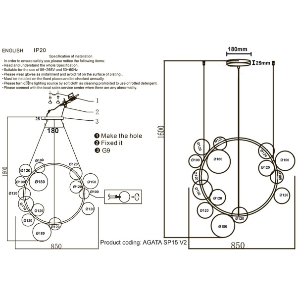 Подвесная люстра Crystal Lux Agata SP15 V2 Black/Transparente