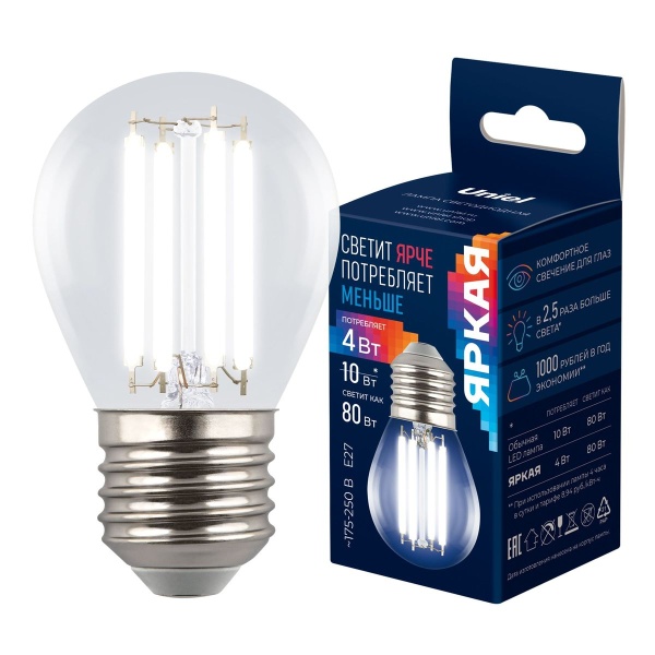 Лампа светодиодная Uniel E27 4W 4000K прозрачная LED-G45-4W/4000K/E27/CL GLY01TR UL-00011941
