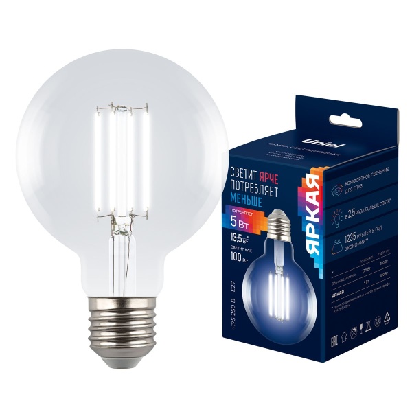 Лампа светодиодная Uniel E27 5W 4000K прозрачная LED-G95-5W/4000K/E27/CL GLY01TR UL-00011943
